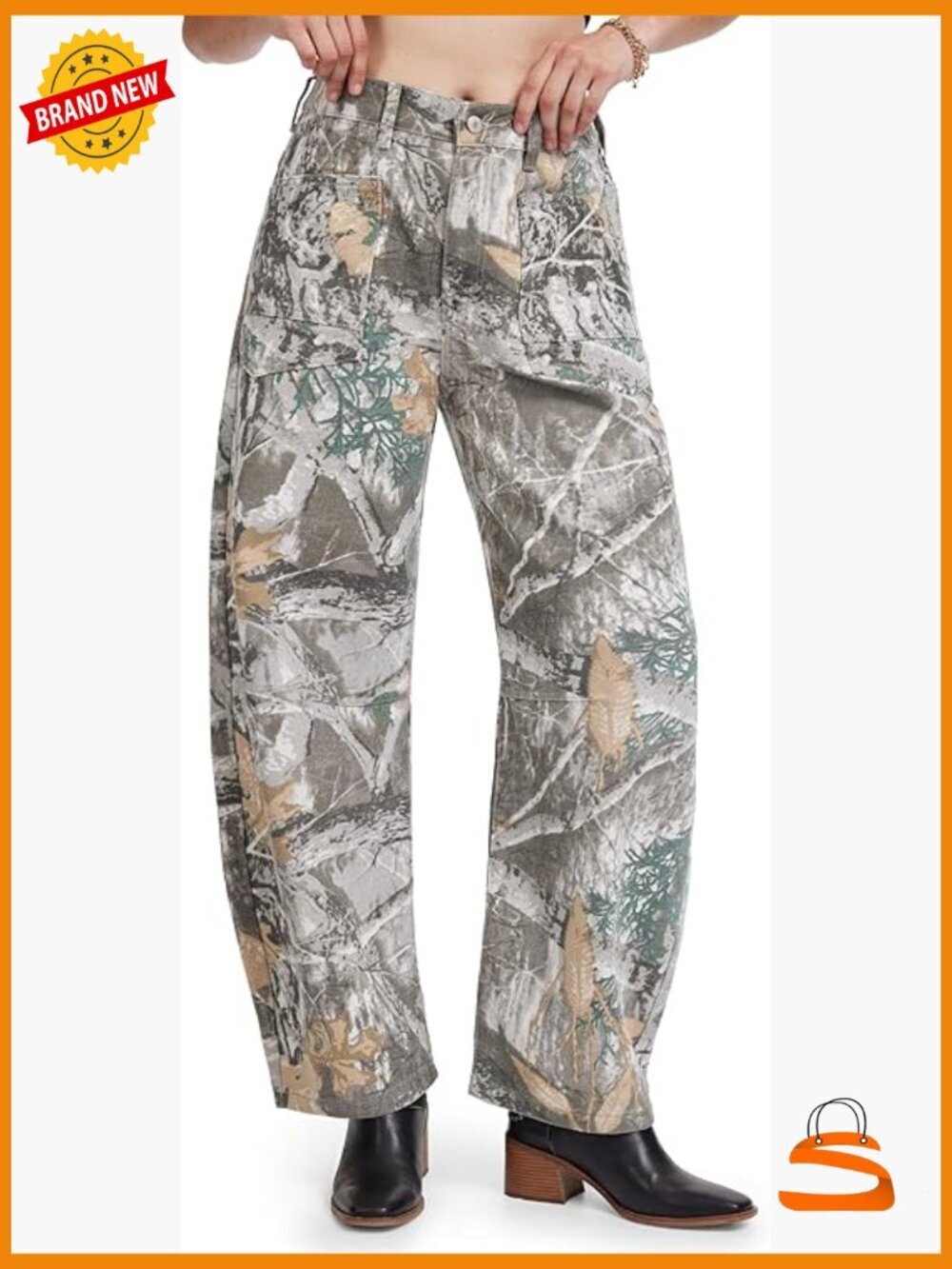 Womens Camo Barrel Jeans Mid Rise Wide Leg Ankle Baggy Boyfriend Pants with